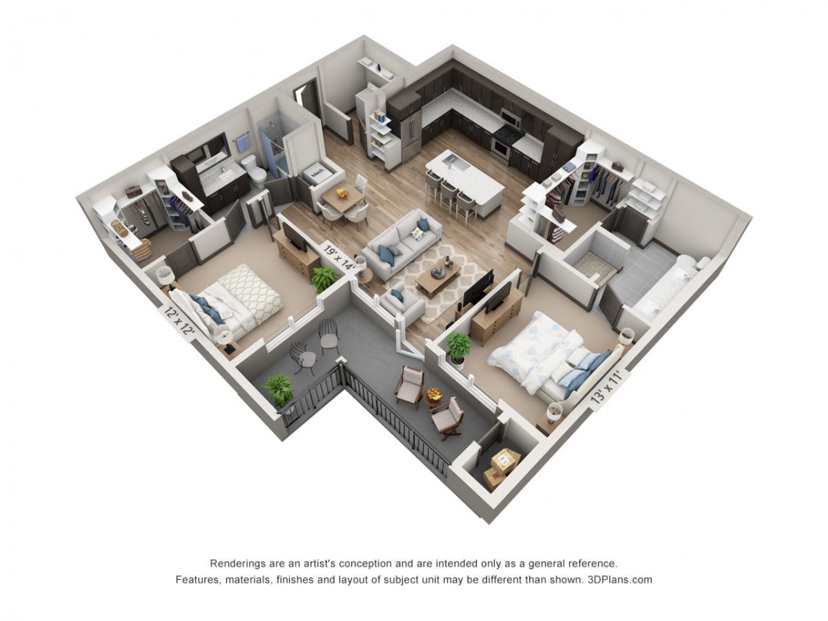 A 3D rendered floor plan showcasing a modern apartment layout with detailed furniture arrangements.