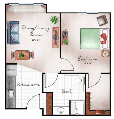A simple floor plan of a one-bedroom apartment, including a dining/living room, kitchen, bathroom, and bedroom.