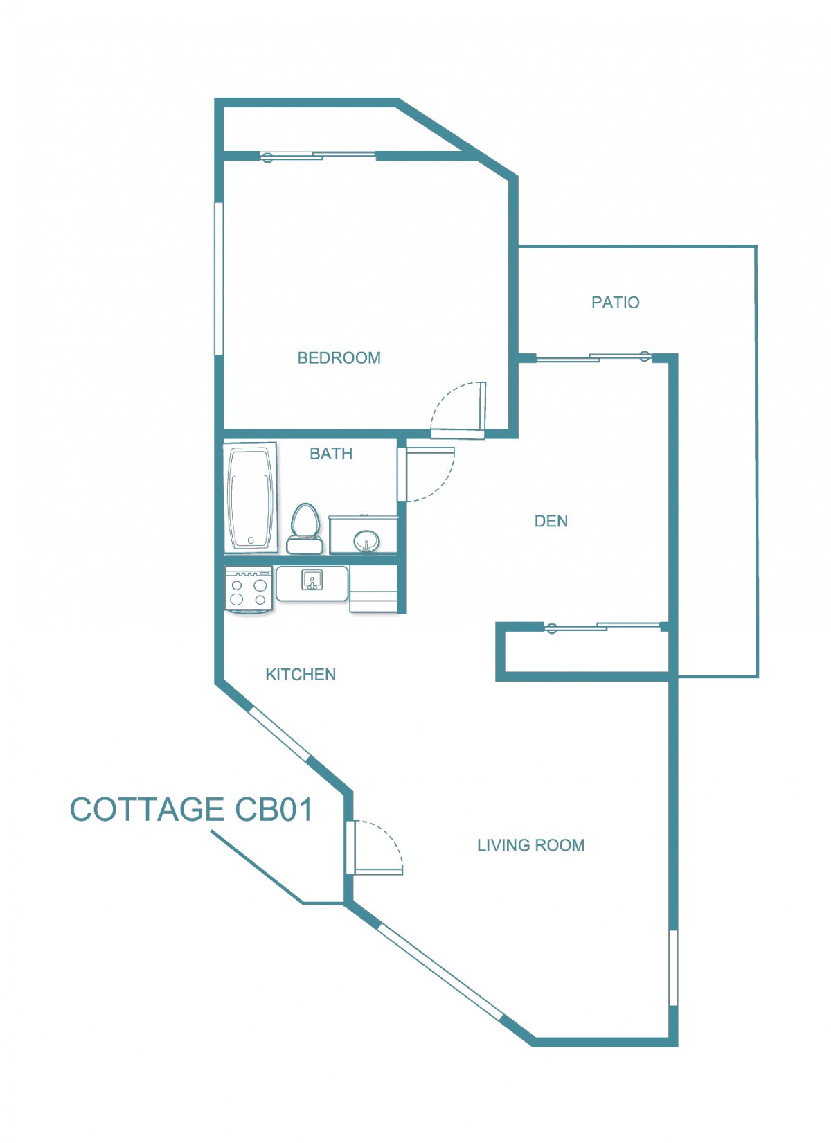 A floor plan layout of Cottage CB01, showing the arrangement of rooms including living room, kitchen, bath, and bedroom.