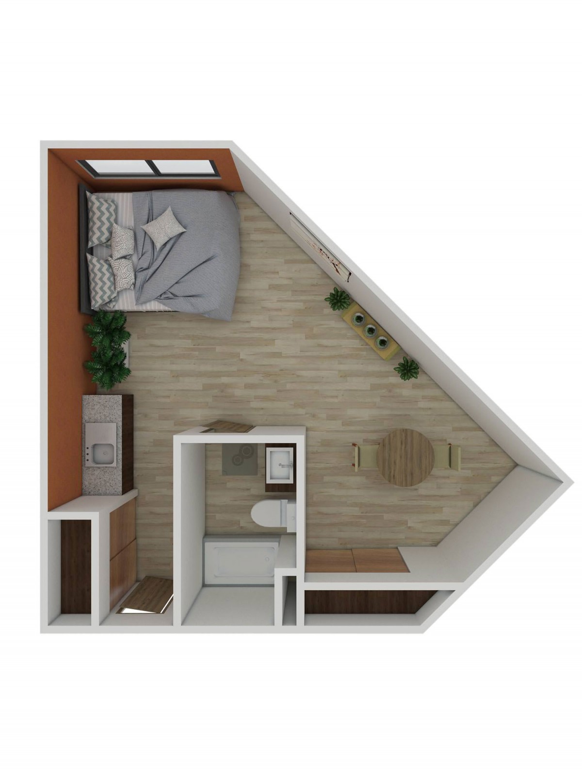 A compact apartment layout showcasing a bedroom, kitchen, and bathroom in an open-plan design.