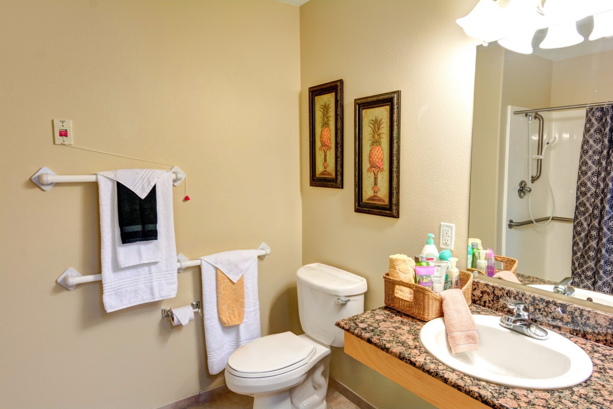 A well-organized bathroom featuring a toilet, sink with toiletries, and decorative wall art.