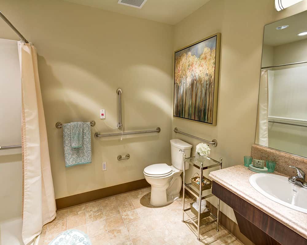A modern bathroom with accessibility features including handrails and a spacious layout.