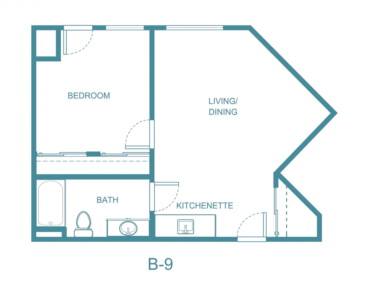 A floor plan of a one-bedroom apartment featuring a living and dining area, a kitchenette, and a bathroom.