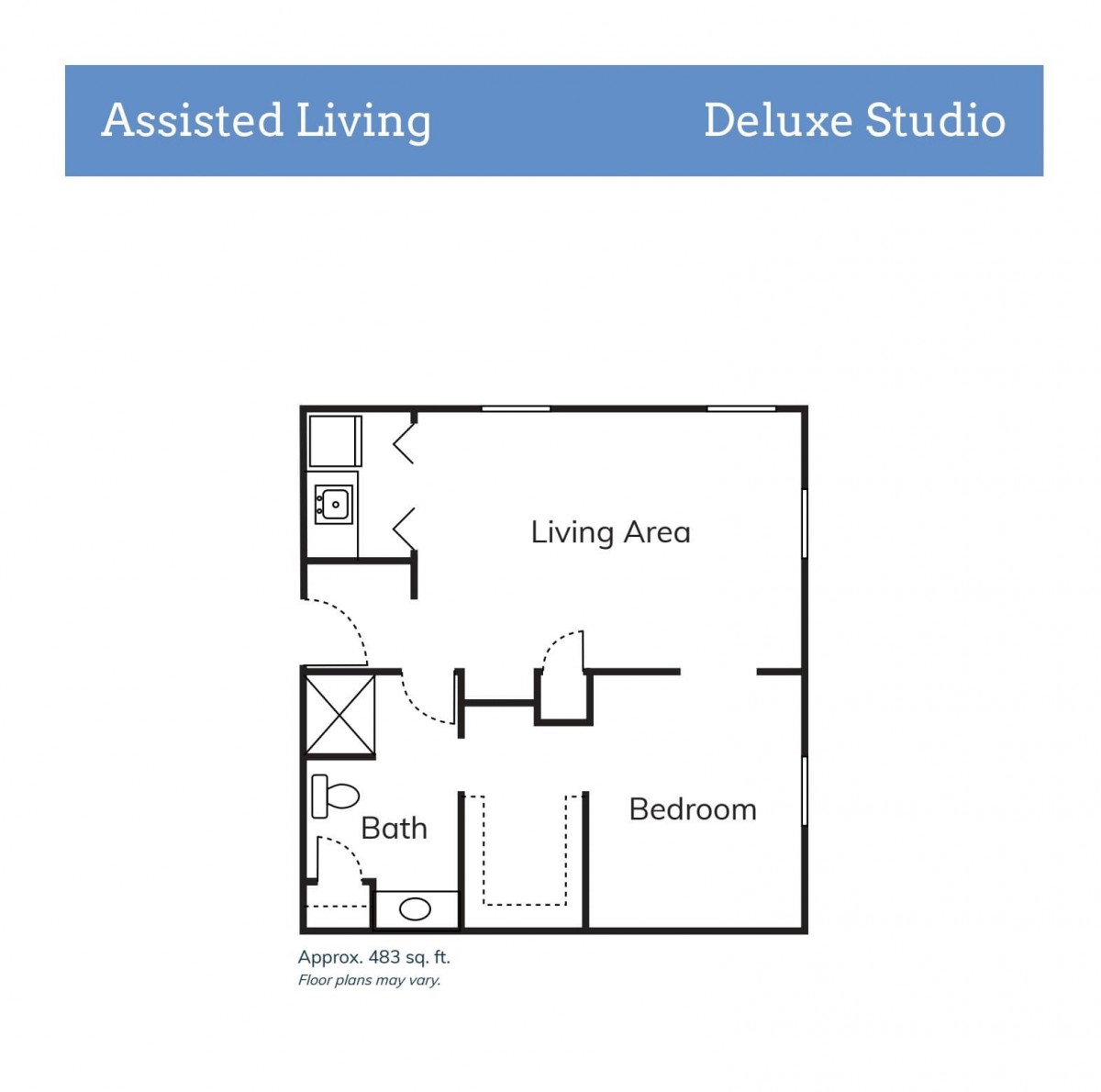 A floor plan of an assisted living deluxe studio apartment.