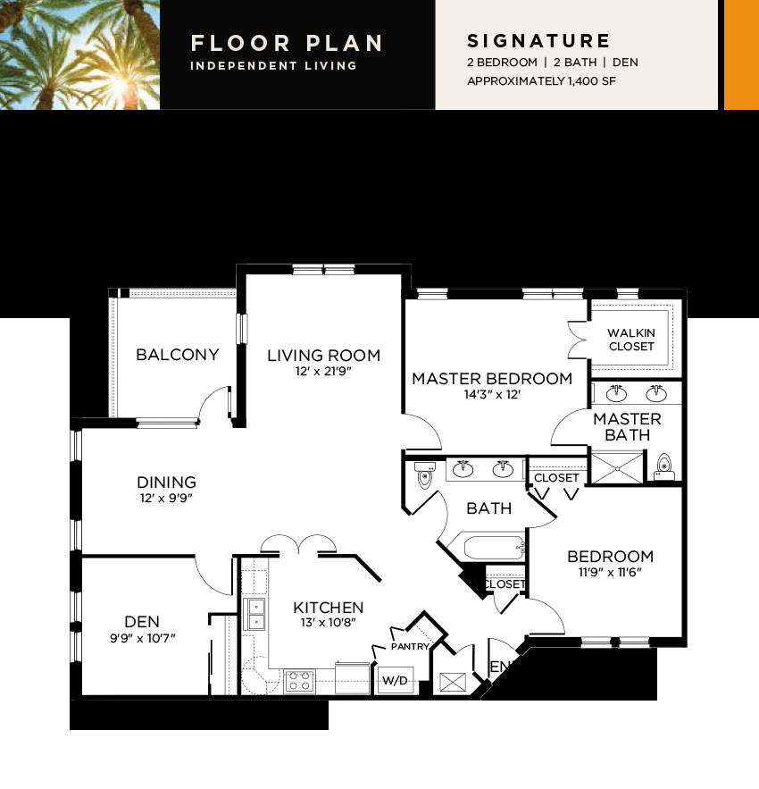 A detailed floor plan of a two-bedroom, three-bathroom apartment with a living room, dining area, and balcony.