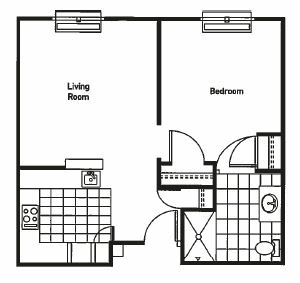 A simple one-bedroom apartment floor plan showing a living room, kitchen, and bathroom.