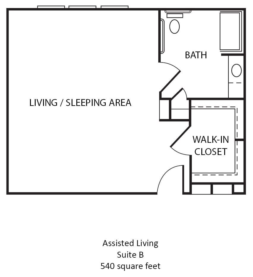 Floor plan of an assisted living suite, showing a living/sleeping area, bathroom, and walk-in closet.
