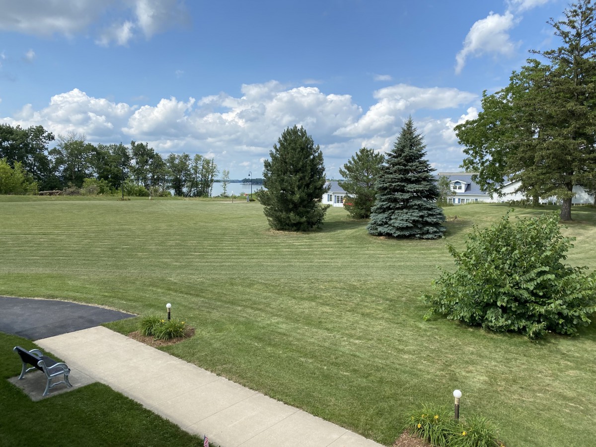 A scenic view of a grassy field with scattered trees under a partly cloudy sky.