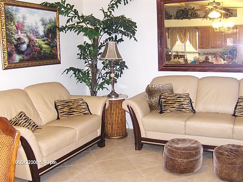 A cozy living room setup featuring two cream-colored sofas, decorative pillows, a potted plant, a lamp on a side table, and framed artwork on the walls.