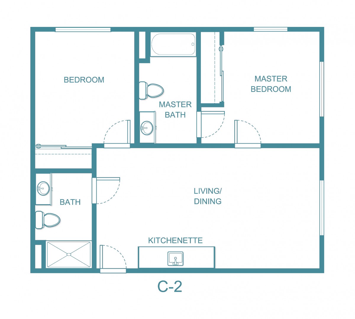 A floor plan of a two-bedroom apartment featuring a master bedroom, master bath, additional bedroom and bathroom, a kitchenette, and a living/dining area.