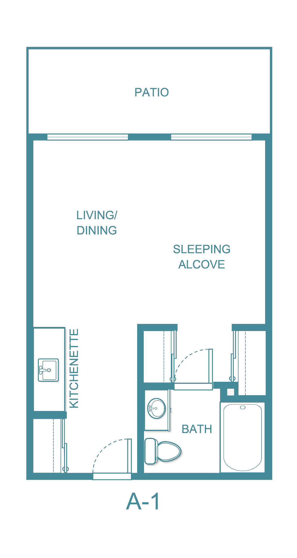 Studio apartment floor plan showing living/dining area, kitchenette, sleeping alcove, and bathroom.