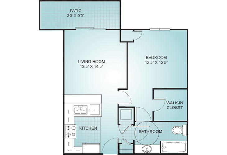 One-bedroom apartment floor plan with a patio, living room, kitchen, walk-in closet, and bathroom.