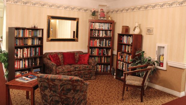 A cozy living room with bookshelves, a sofa, and an armchair.