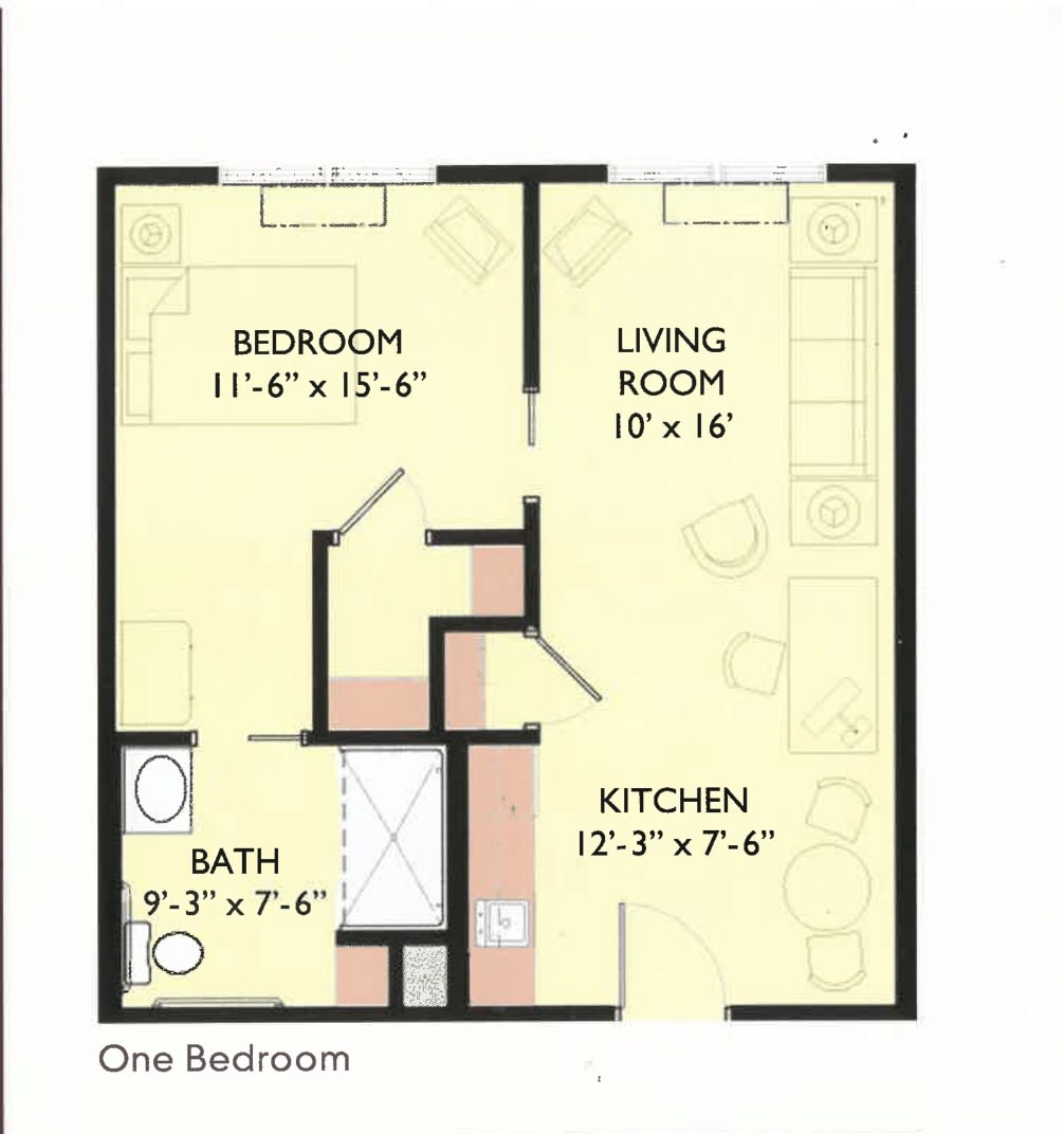 A blueprint of a one-bedroom apartment layout showing the arrangement of rooms including the bedroom, living room, kitchen, and bathroom.