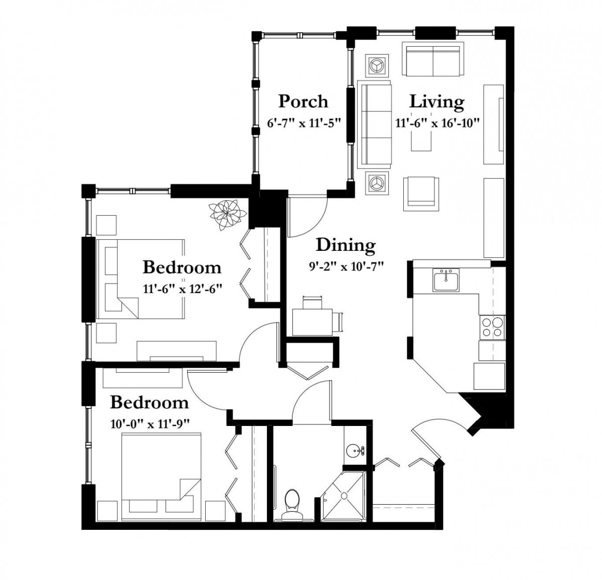 A detailed floor plan of a two-bedroom apartment featuring a living room, dining area, kitchen, porch, and two bathrooms.