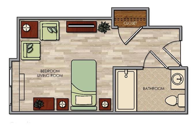 A floor plan showing a bedroom with furniture arrangement and an attached bathroom.