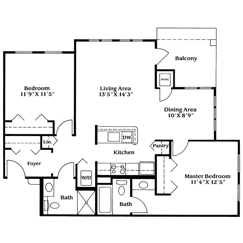 A layout of a two-bedroom apartment with labeled dimensions and designated living areas.