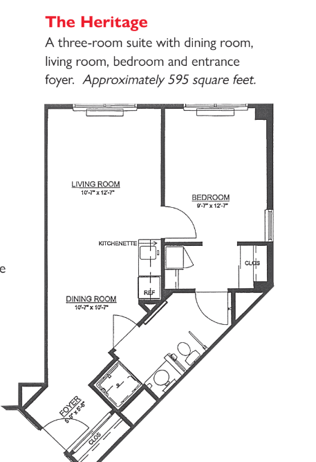 Floor plan of a one-bedroom apartment with approximately 595 square feet.