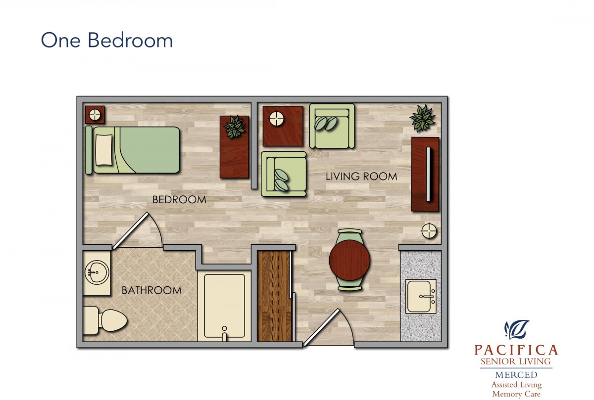 A floor plan depicting a one-bedroom apartment with a living room, kitchen, and bathroom.