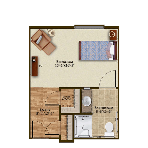 A one-bedroom apartment floor plan layout.