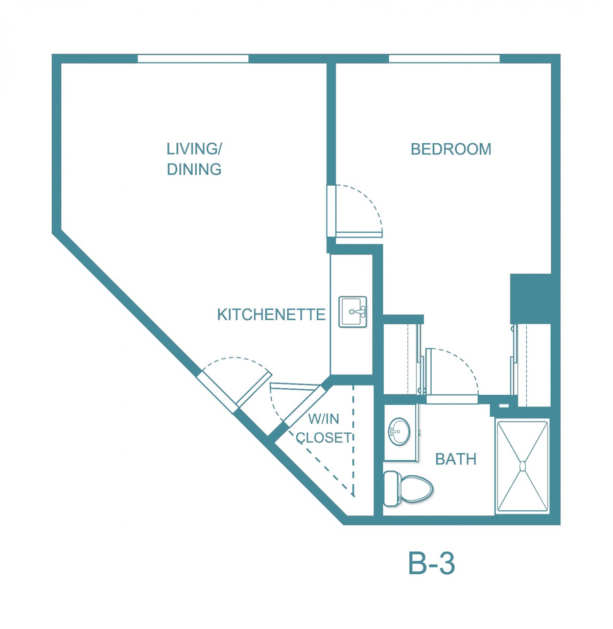 Floor plan of a one-bedroom apartment with living/dining area, kitchen, and bathroom.