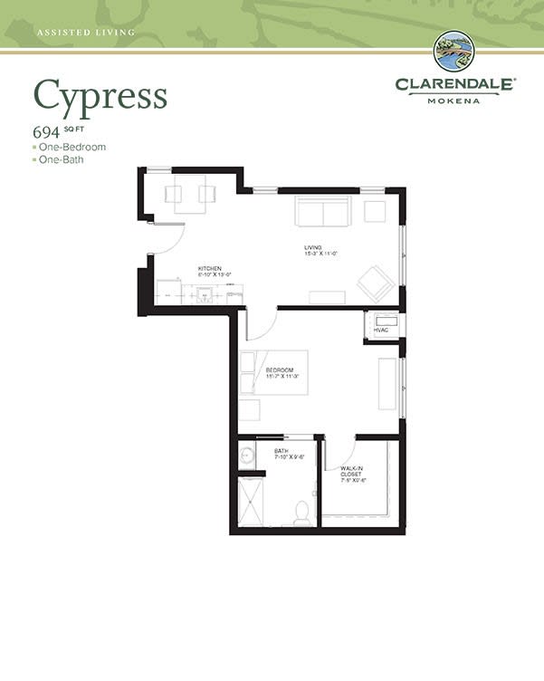 Floor plan for the Cypress model featuring 1 bedroom and 1 bath.