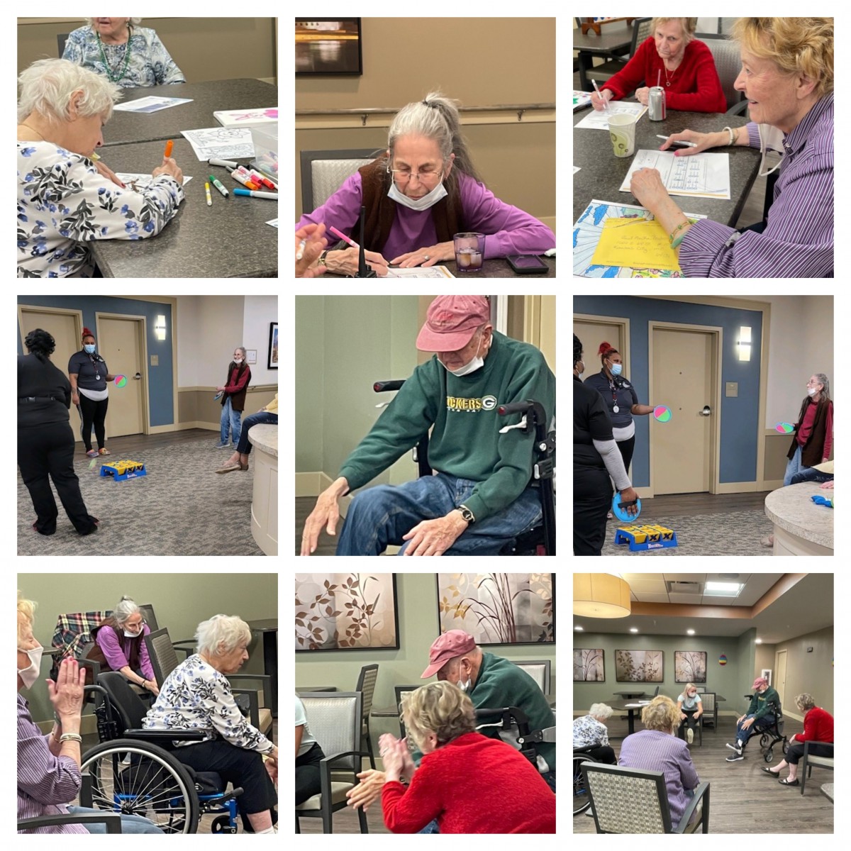Seniors engaging in various community activities and social interactions in a care facility.