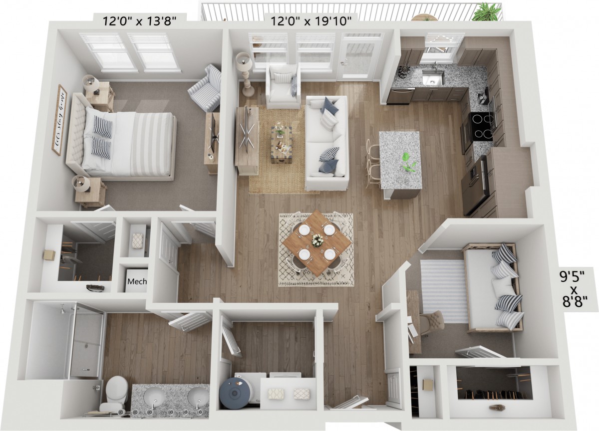 A modern two-bedroom apartment floor plan with a living room, dining area, kitchen, and bathroom.