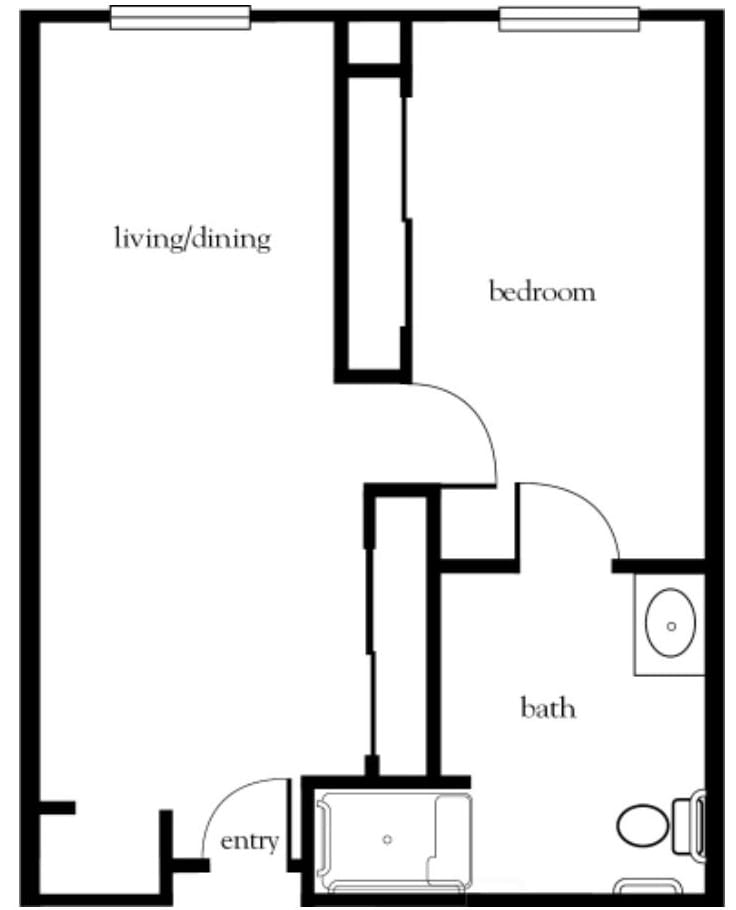 Simple floor plan of a one-bedroom apartment.
