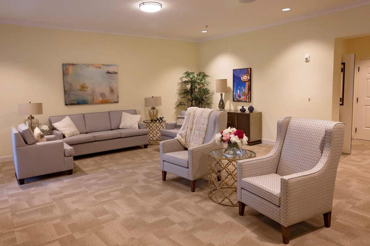 A cozy, modern living room with sofas, armchairs, and decorative elements.