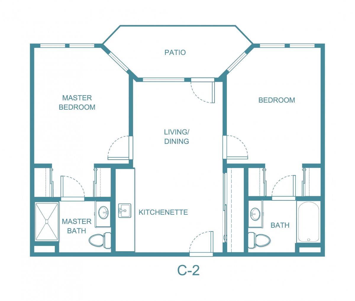 Blueprint of a two-bedroom apartment with a living area, kitchenette, and patio.