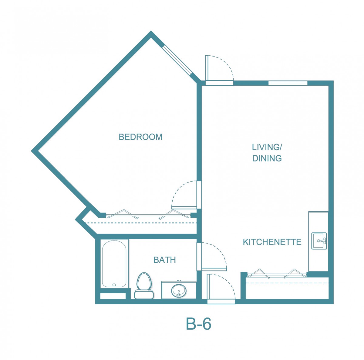 A floor plan of an apartment featuring a bedroom, living/dining area, kitchenette, and bathroom.