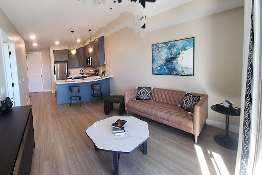 A beautifully designed modern living space with an open kitchen and stylish furnishings.
