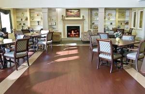 A cozy dining and lounge area with elegant furnishings and a warm fireplace.