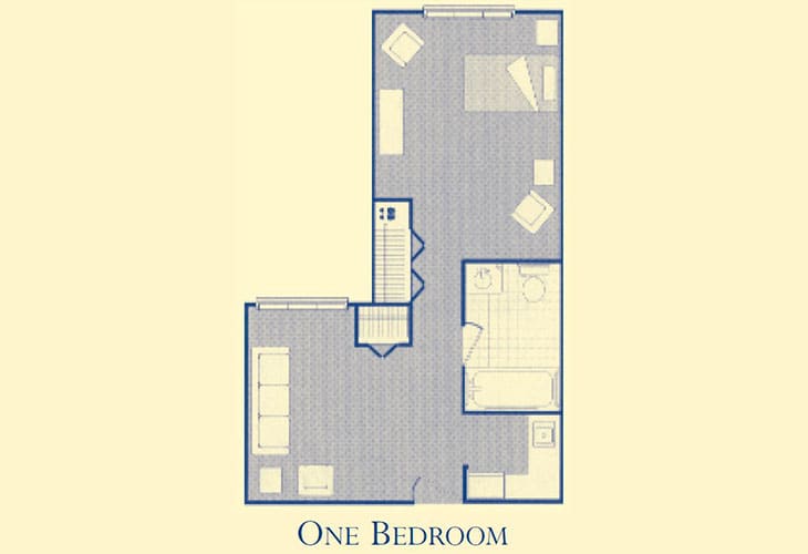A one-bedroom apartment floor plan showing the arrangement of rooms and furniture.