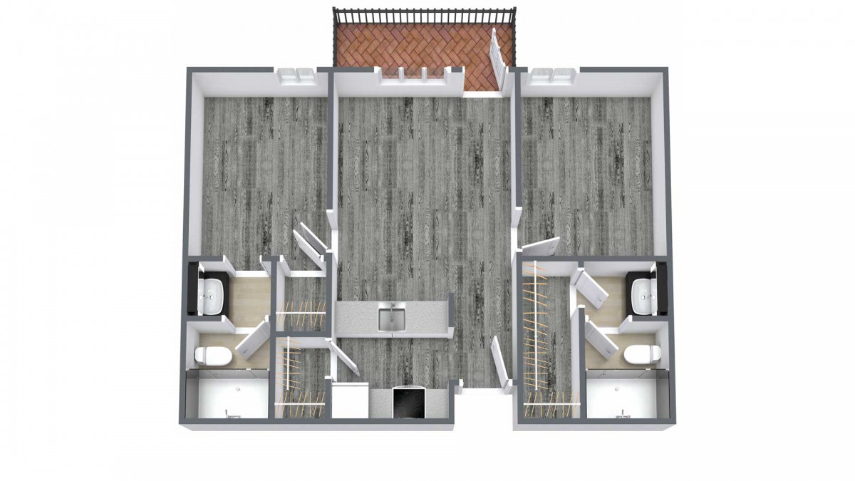 A detailed floor plan of an apartment featuring multiple rooms, two bathrooms, and a central kitchen area.