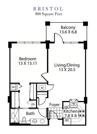 A floor plan of a one-bedroom apartment with labeled dimensions, including a living/dining area, kitchen, bathroom, and balcony.