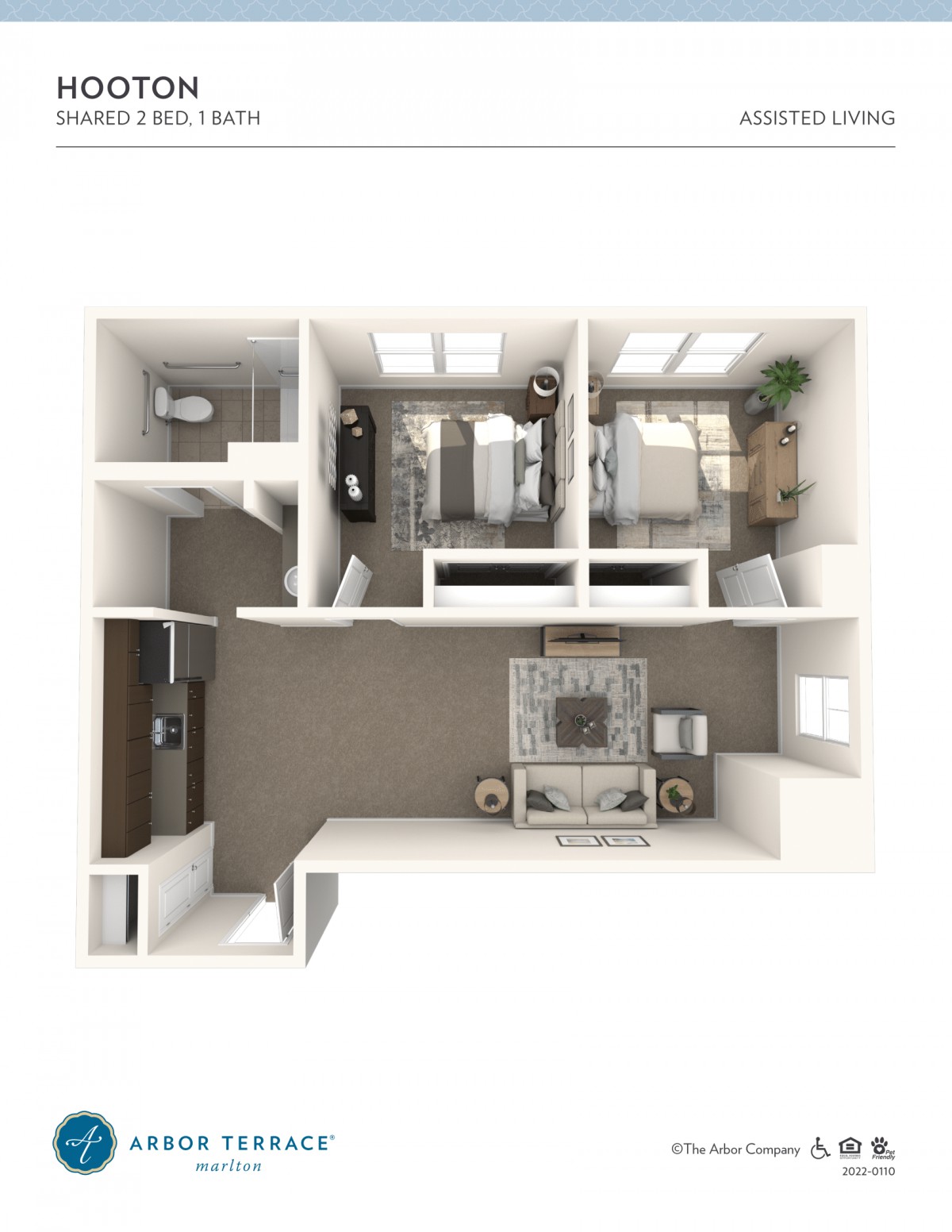 A top-down view of a modern two-bedroom apartment floor plan.