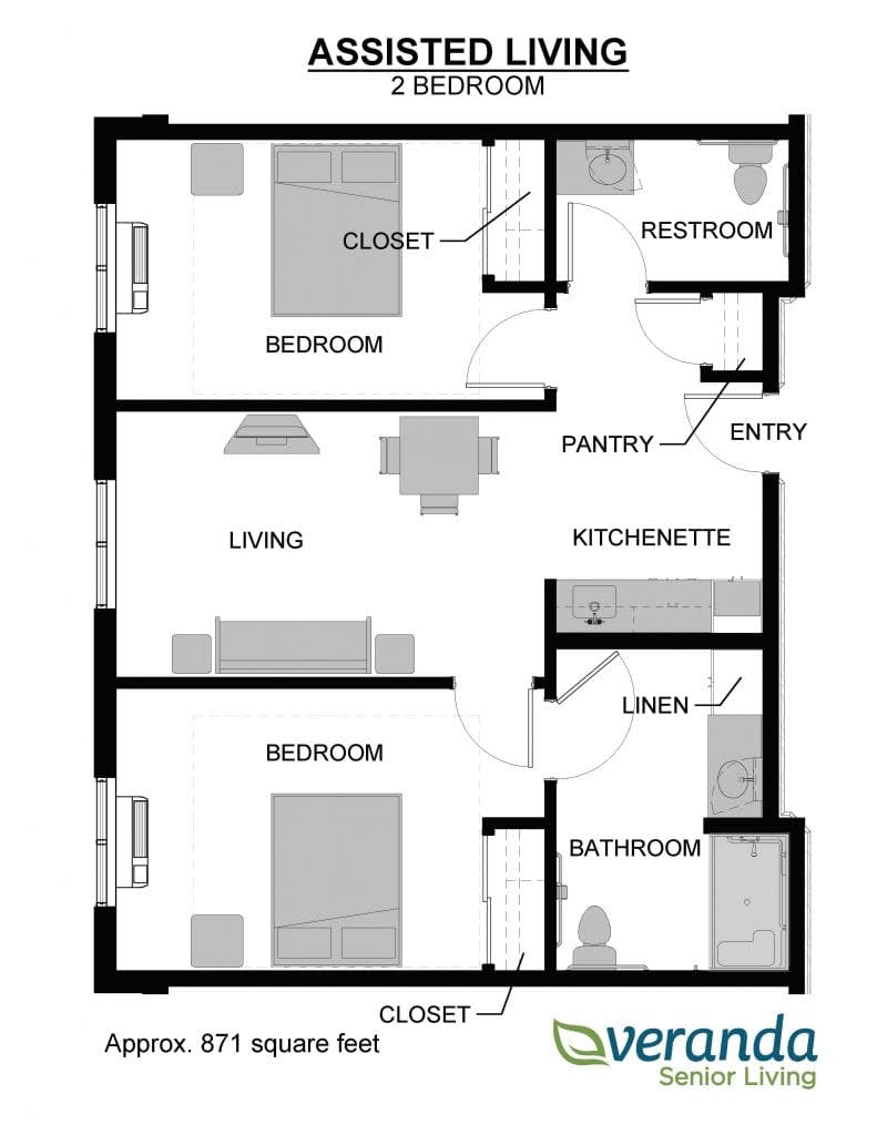A floor plan of a two-bedroom apartment with labeled rooms including a living area, kitchenette, pantry, restroom, closet, and bathroom.