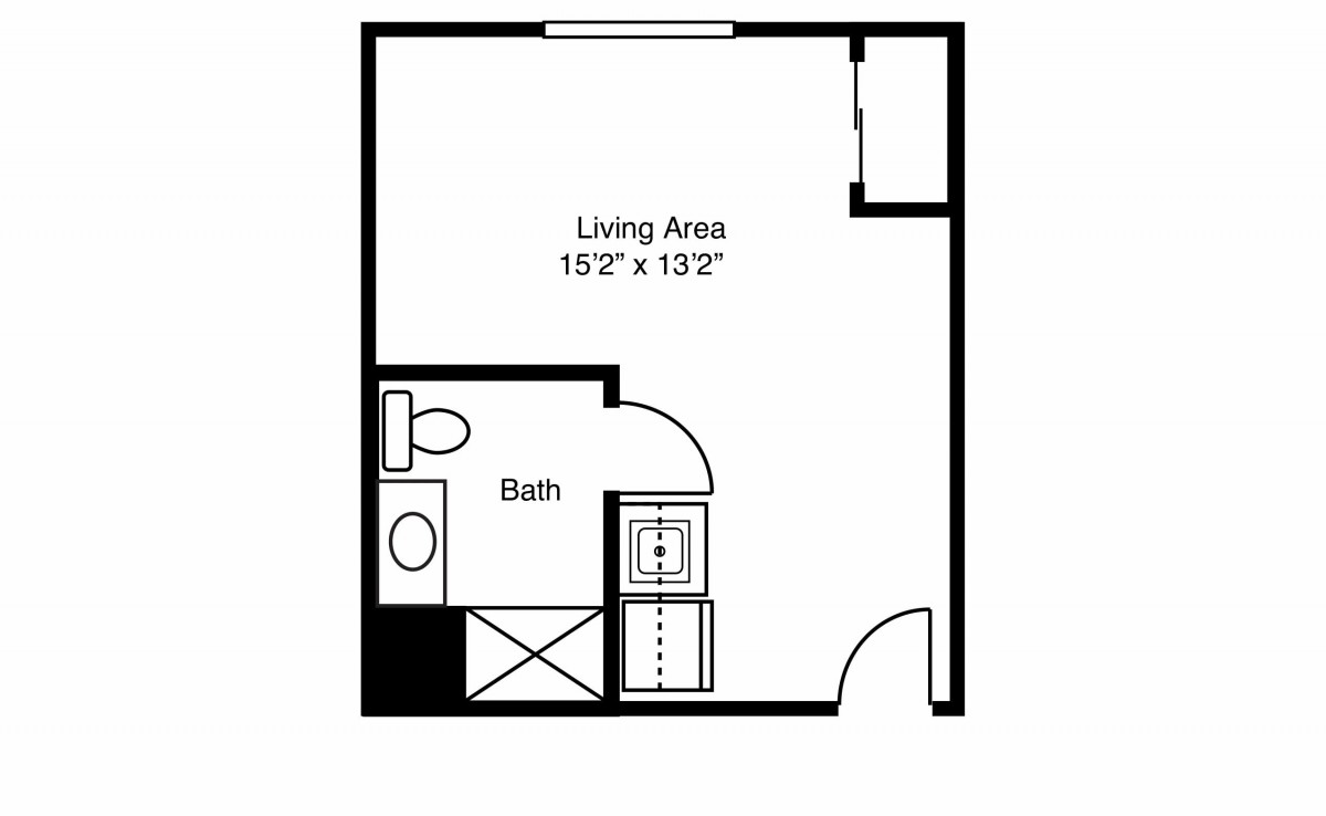 A minimalist studio apartment floor plan featuring a living area and a bathroom.