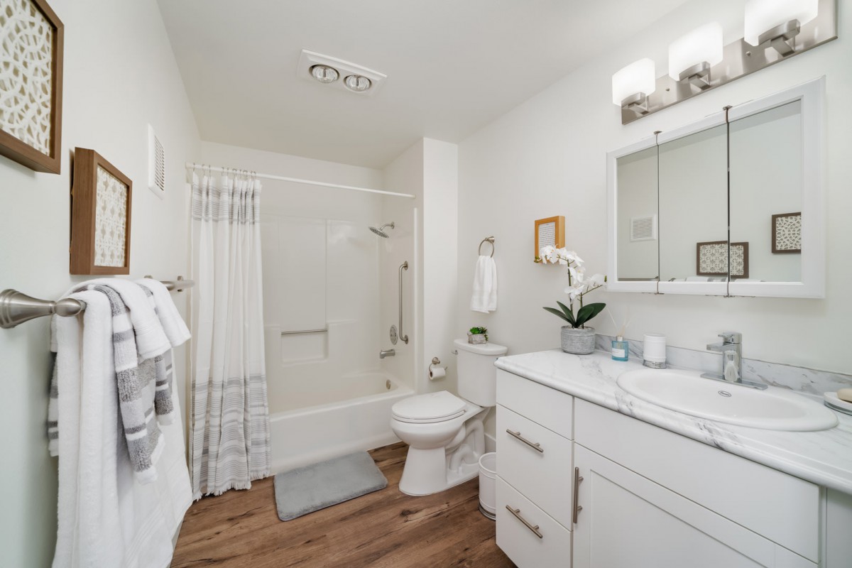 A modern white bathroom with a bathtub, vanity, and decorative plant.