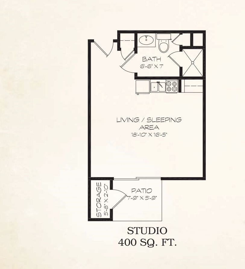 A floor plan of a 400 sq. ft. studio apartment, showing the layout with living/sleeping area, bath area, and kitchen.