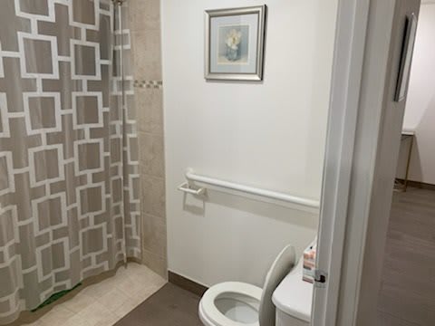 A clean, minimalistic bathroom featuring a toilet, shower with a patterned curtain, and wall art.