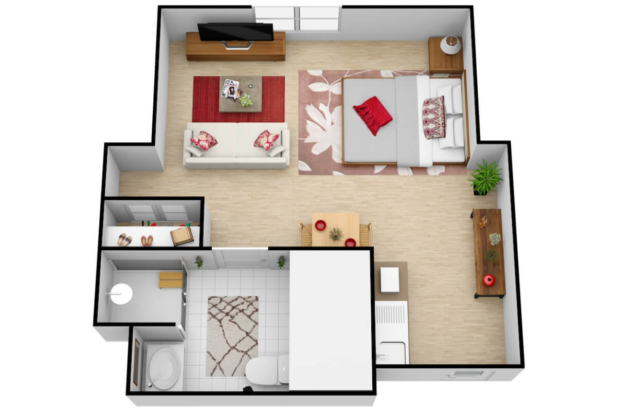 A 3D floor plan of a one-bedroom apartment featuring a combined living and sleeping area, a kitchen, and a bathroom.