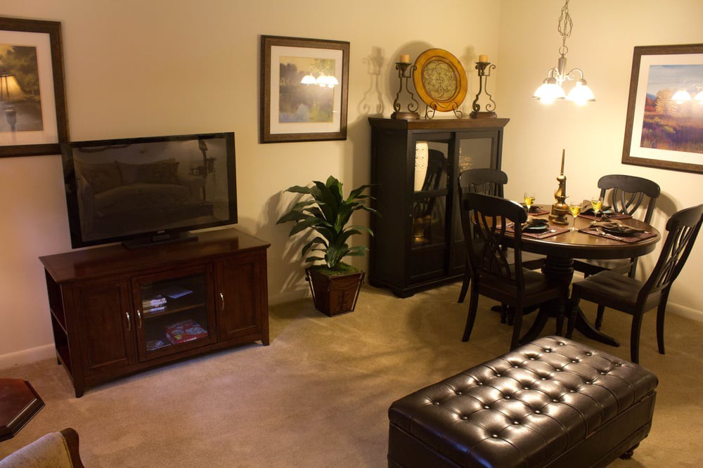 A cozy living room with a dining area, featuring a television, potted plant, and decorative elements.