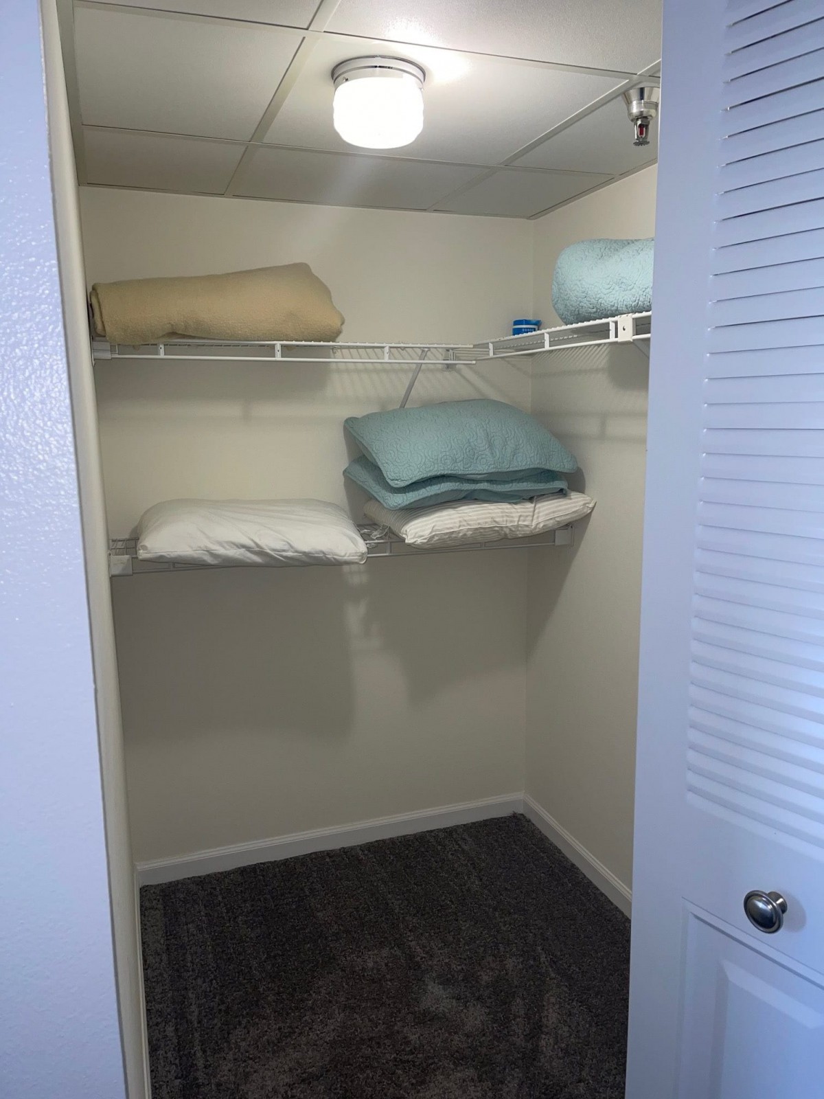 A neatly organized closet with shelves holding linens and blankets.