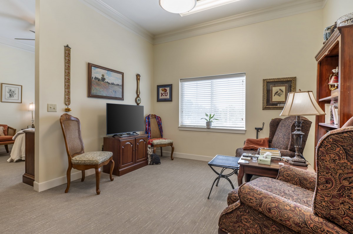 A cozy living room with traditional furniture and a television.