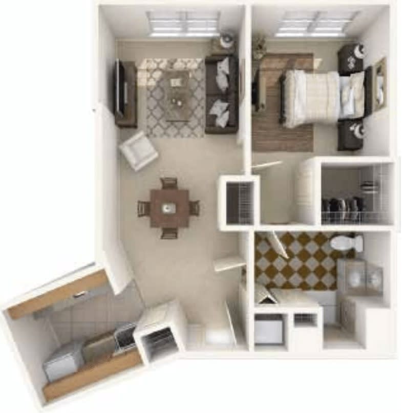 A 3D floor plan of a one-bedroom apartment, featuring a living room, kitchen, bathroom, and dining area.