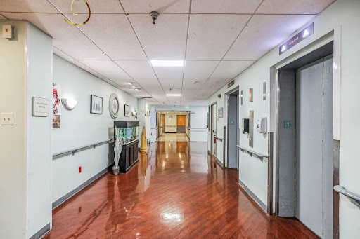 A well-lit hospital corridor featuring polished floors and closed doors.