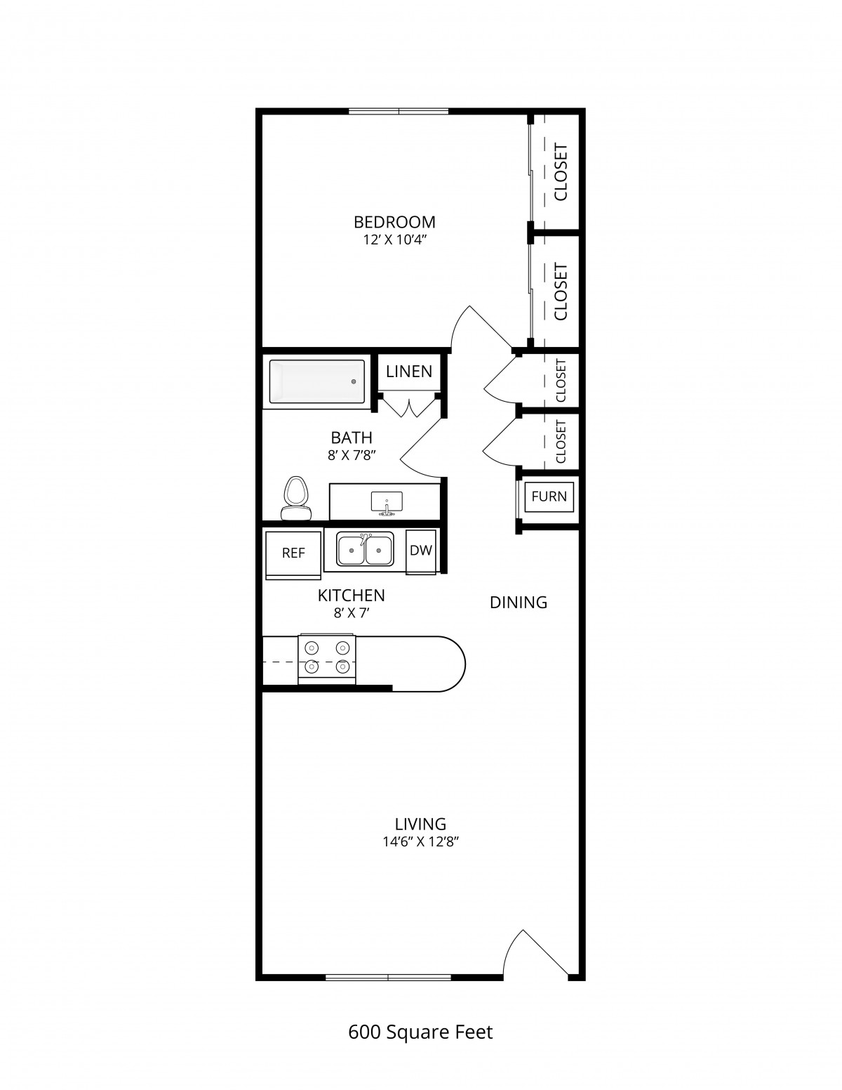 A floor plan depicting a one-bedroom apartment layout.